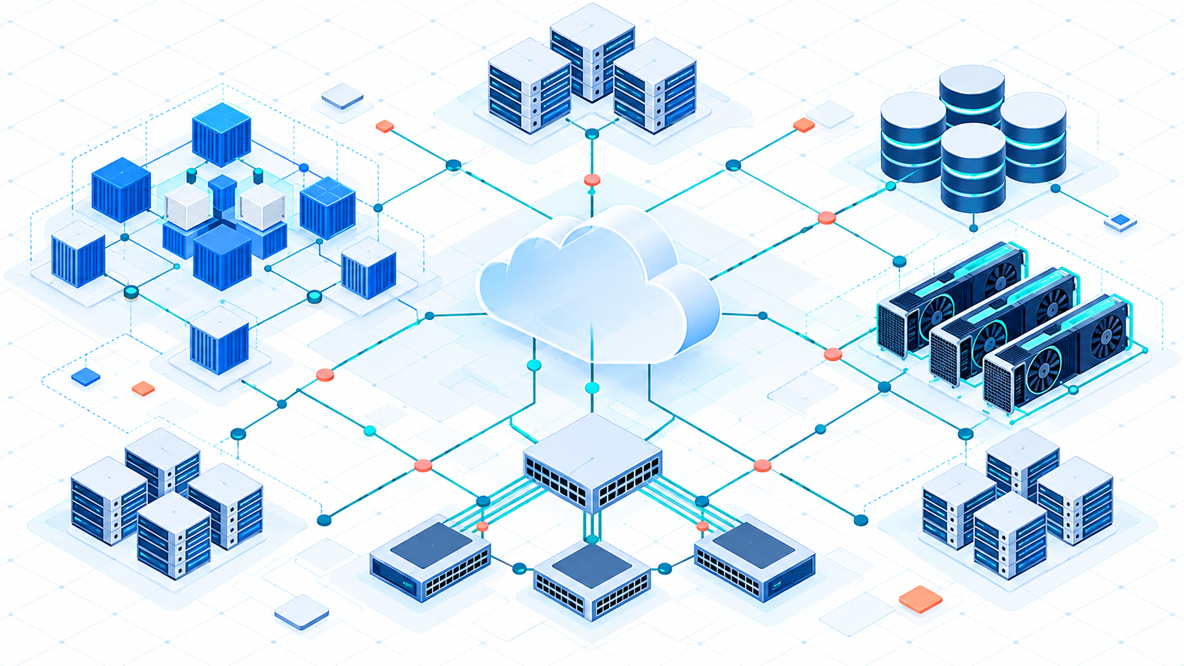 An abstract connected cloud, cluster, storage and GPU infrastructure topology